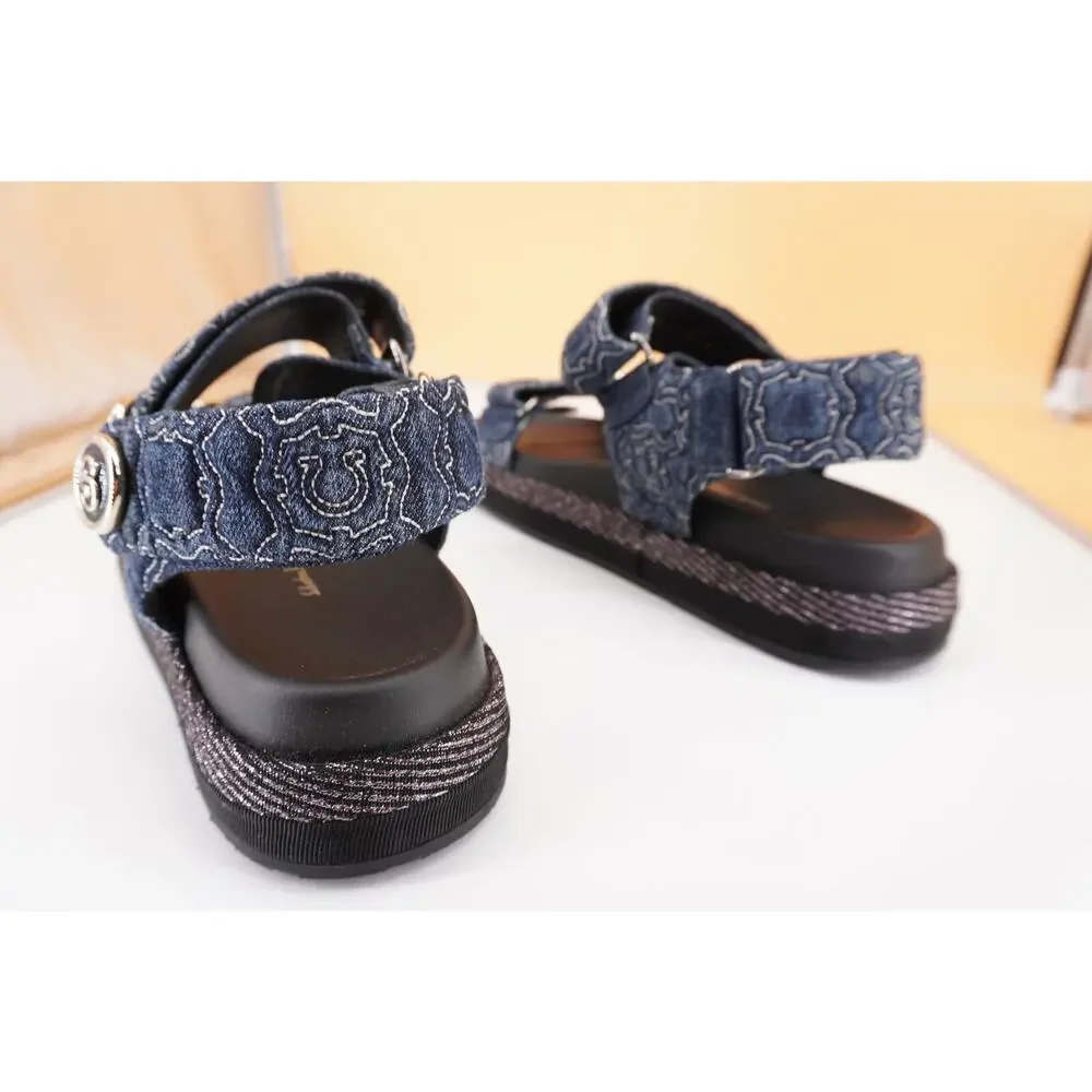Salvatore Ferragamo Kalie Gal QT Denim Logo Sandal SZ 9.5 C Button $850 NIB